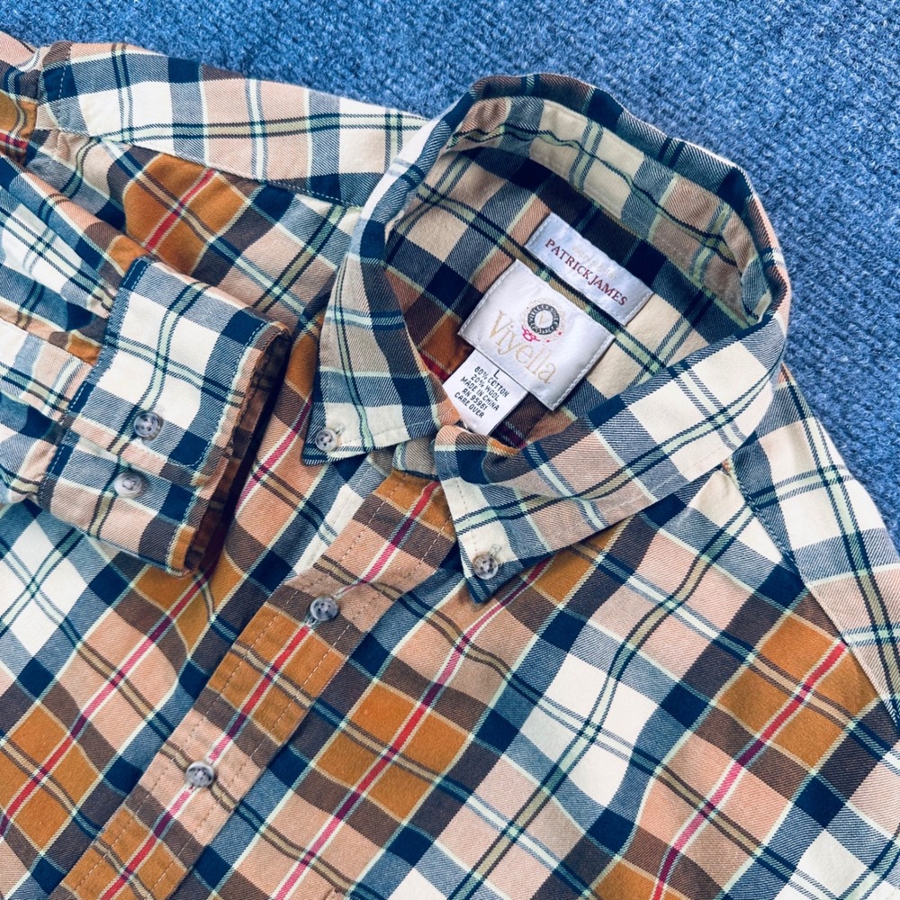 Viyella Patrick James Men's Large Orange Tan Plaid Button Down Shirt Wool Blend